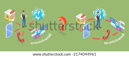 3D Isometric Flat Vector Conceptual Illustration of Omnichannel Vs Multichannel, Digital Marketing and Online Shopping