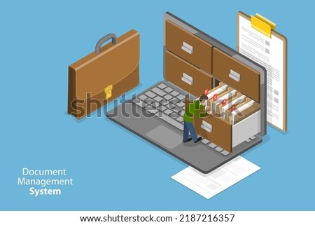 3D Isometric Flat Vector Conceptual Illustration of Document Management System, Electronic File Organization Service, Paperless Office