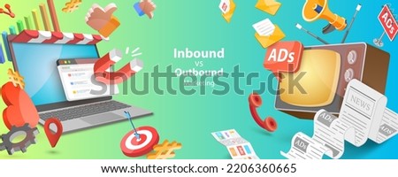 3D Vector Conceptual Illustration of Inbound Vs Outbound Marketing, Comparing Online and Offline Campaign