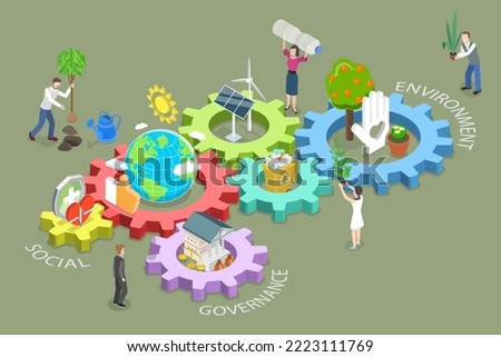 3D Isometric Flat Vector Conceptual Illustration of Environment and Climate Change Policies, ESG as Environmental Social Governance