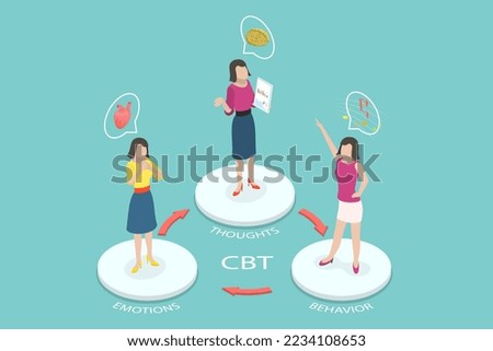 3D Isometric Flat Vector Conceptual Illustration of CBT as Cognitive Behavioral Therapy, Mental Health Treatment