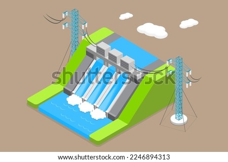 3D Isometric Flat Vector Conceptual Illustration of Hydroelectricity, Dam with Water for Electricity Producing