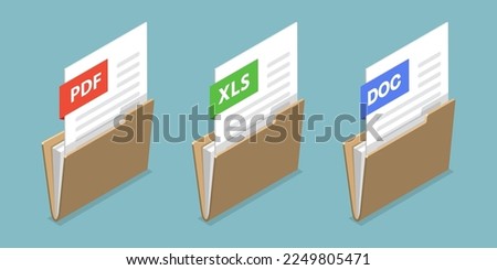 3D Isometric Flat Vector Icon of Doc, Pdf, Xls Documents, Set of Paper Folders