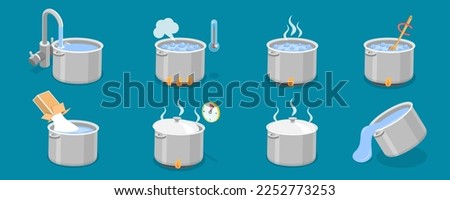 Vector Illustration of Boiling In Cooking Pot Set, Boiled Steamed Water