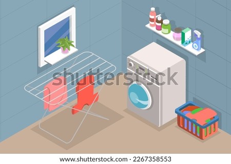 3D Isometric Flat Vector Conceptual Illustration of Laundry Room Interior, Household scene with Washing Machine and other Laundry Stuff