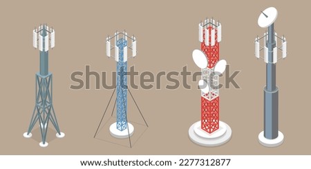 3D Isometric Flat Vector Set of Telecom Towers, Communicating Radio Constructions