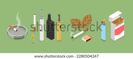 3D Isometric Flat Vector Set of Smoker Collection, Smoking Attributes and Tobacco Products