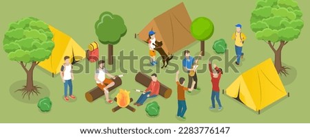 3D Isometric Flat Vector Conceptual Illustration of Touristic Summer Campground , Camper Tourists Resting During Holiday Adventure