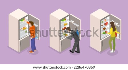 3D Isometric Flat Vector Set of Food In Fridge, People are Check Refrigerator