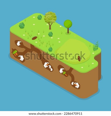 3D Isometric Flat Vector Conceptual Illustration of Rabbit Family, Holes with Underground Tunnels