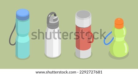 3D Isometric Flat Vector Set of Thermoses, Refillable Glass, Plastic or Metal Bottles
