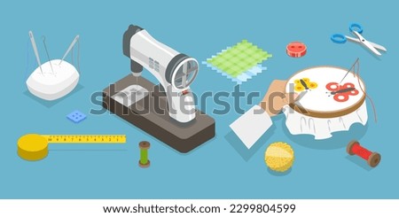 3D Isometric Flat Vector Set of Sewing, Tailors Supplies for Needlework