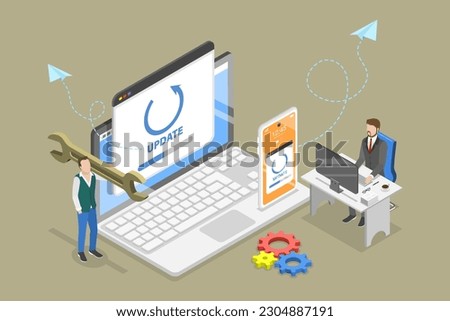 3D Isometric Flat Vector Conceptual Illustration of System Update, Setting up Computer