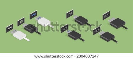 3D Isometric Flat Vector Set of USB Types, Socket Plug in