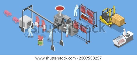 3D Isometric Flat Vector Conceptual Illustration of Pork Manufacturing, Processing of Raw Meat