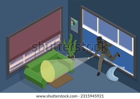 3D Isometric Flat Vector Conceptual Illustration of Robbery, Night Bulgar Intrusion into Apartment