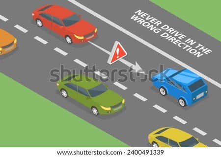 3D Isometric Flat Vector Illustration of Driving in the Wrong Direction on the Road