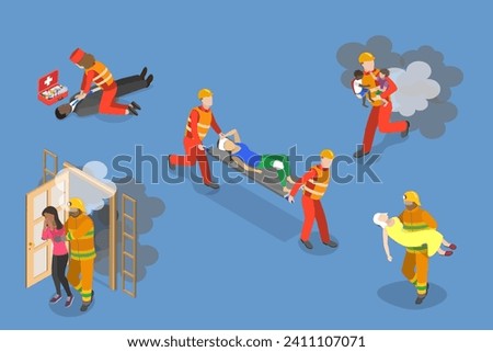 3D Isometric Flat Vector Set of Rescue Services, First Aid Sssistance for Drowning and Fire Victims