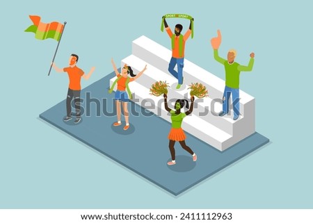 3D Isometric Flat Vector Illustration of Cheerful Soccer Fans, Sport Game Supporters