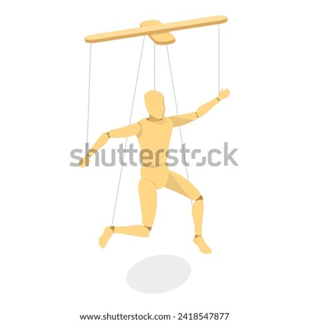 3D Isometric Flat Vector Set of Wooden Marionettes, Puppet on Ropes. Item 2