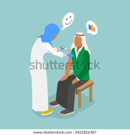 3D Isometric Flat Vector Illustration of Influenza Treatment, Muslim Doctor and Vaccination