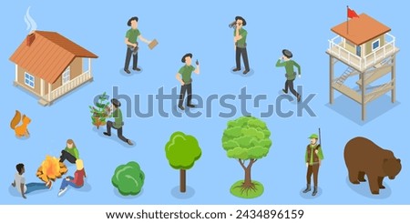 3D Isometric Flat Vector Set of Forest Guard Characters, Ranger Keepers of Park Resources