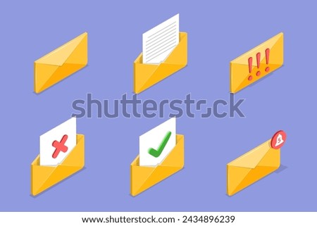 3D Isometric Flat Vector Set of Email Notifications, Confirmation Message, Mail Sent Successfully, SMS Delivery