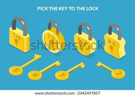 3D Isometric Flat Vector Illustration of Pick The Key To The Lock, Matching Children Educational Game