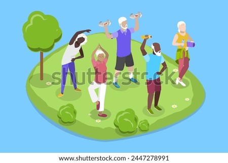 3D Isometric Flat Vector Illustration of Group of Active Seniors, Yoga of Fitness for Eldery People