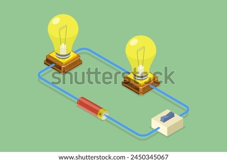 3D Isometric Flat Vector Illustration of Simple Electric Circuit, Accumulator Battery and Light Bulb