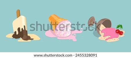 3D Isometric Flat Vector Illustration of Set of Fallen Ice Creams, Milk Dessert Lying on Floor