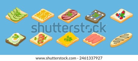 3D Isometric Flat Vector Illustration of Tasty Breakfast, Healthy Toasts Set