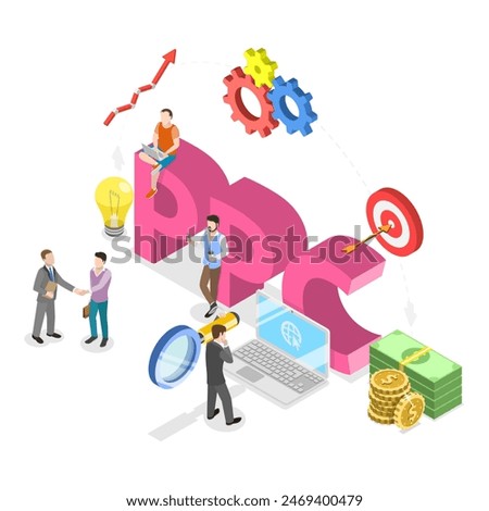 3D Isometric Flat Illustration of SEO Vs PPC, Comparison Pay Per Click and Search Engine Optimization Marketing. Item 2