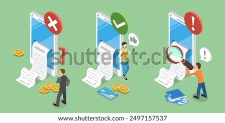 3D Isometric Flat Vector Illustration of Bank Payment Receipt, Success and Error Status Check