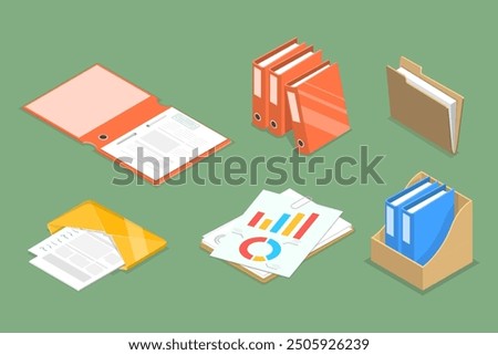 3D Isometric Flat Vector Set of Folders With Files, Business Paperwork