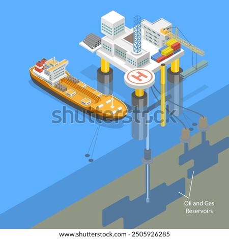 3D Isometric Flat Vector Illustration of Ocean Drilling, Scene Oil Extraction