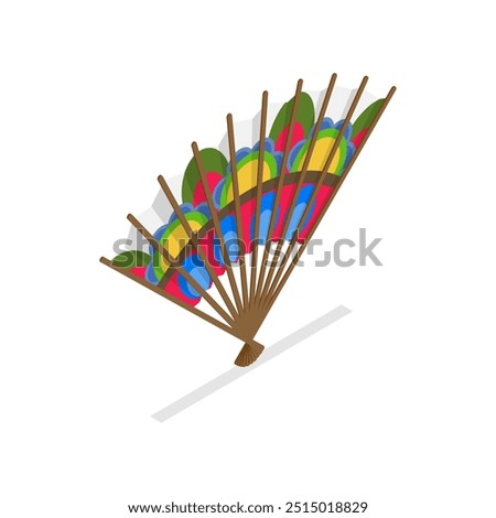 3D Isometric Flat Vector Set of Decorative Fans, Asian Traditional Folding Hand Fan. Item 3