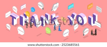 3D Isometric Flat Vector Illustration of Thank You, Lettering in Different Languages