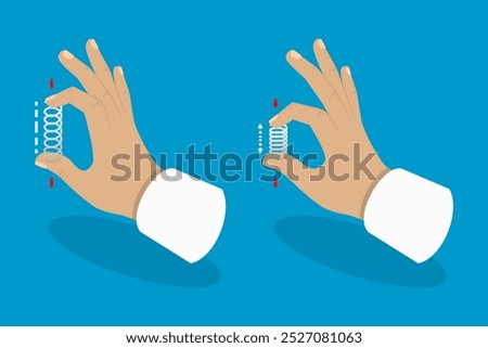 3D Isometric Flat Vector Illustration of Elasticity Mechanics, Metal Spring Stretched And Clamped By Fingers