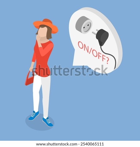 3D Isometric Flat Vector Illustration of Memory Issues, A Person Unsure If Electrical Device Is Turned On Or Off