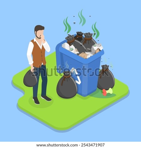 3D Isometric Flat Vector Illustration of Overflowing Trash Can, Big Smelly Pile of Garbage