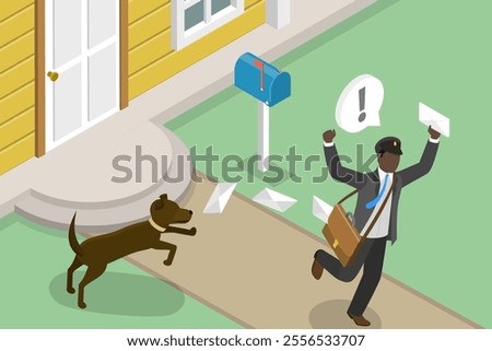 3D Isometric Flat Vector Illustration of Frightened Postal Worker , Mailman Fleeing Furious Security Dog