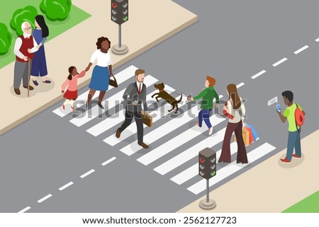 3D Isometric Flat Vector Illustration of Zebra Crosswalk, Pedestrians Safely Navigate City Streets Using Traffic Signals