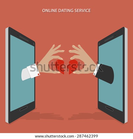 Online dating service vector concept. Mans and womans hands appeared from phones screen giving their own hearts to each other.