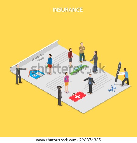 Insurance policy flat isometric vector concept. Insurance agents tell people about insurance conditions. All people are standing on paper insurance policy.