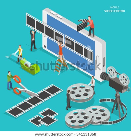 Mobile video editor flat isometric low poly vector concept. People create a movie on smartphone using film strip and sticky tape. 