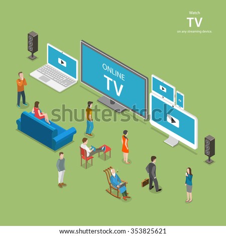 Streaming TV isometric flat low poly vector illustration. People watch online TV on different internet-enabled devices like PC, laptop, TV set tablet, smartphone.