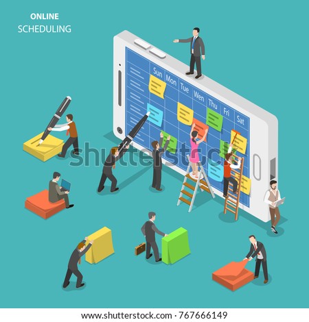 Online schedule flat isometric vector concept. People are filling a schedule on smartphone screen using colorful stickers and a pen.