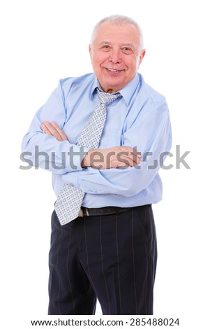 Happy and smile old mature businessman with arms crossed and white teeth in shirt and tie. isolated on white background. Positive human emotion, facial expression