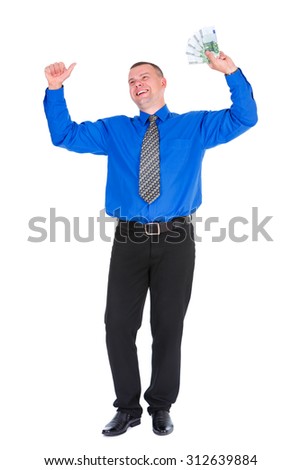 Full length portrait of happy, smile, successful, lucky businessman in shirt and tie holding money euros banknotes with hands up. Isolated white background. Positive emotion